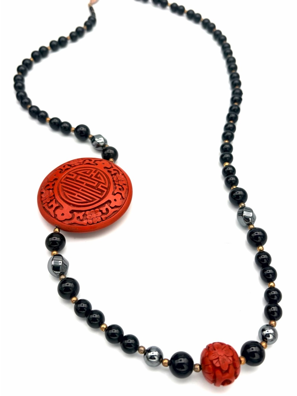 Red Carved Cinnabar, Black Onyx and Hematite Vintage Bead Necklace 30”